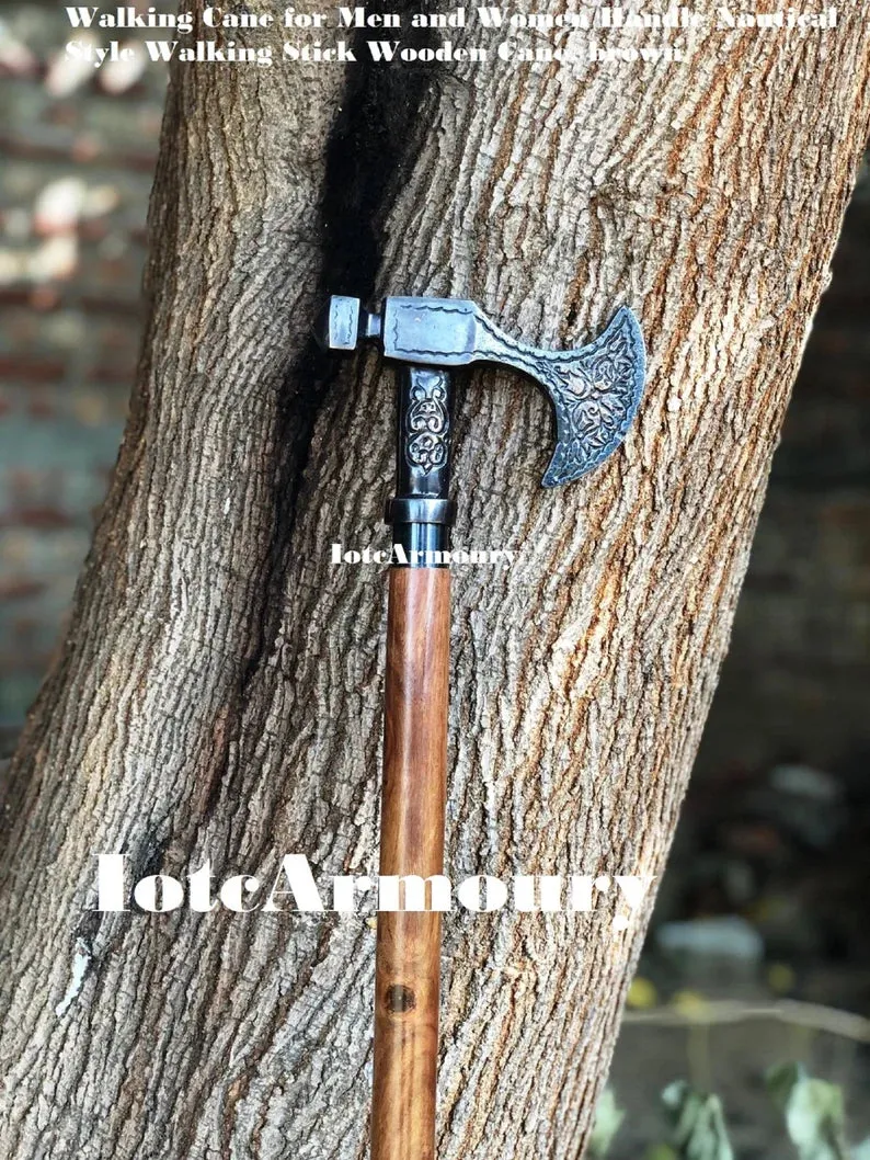 Brass Axe Handle Walking Stick Viking Wooden Cane